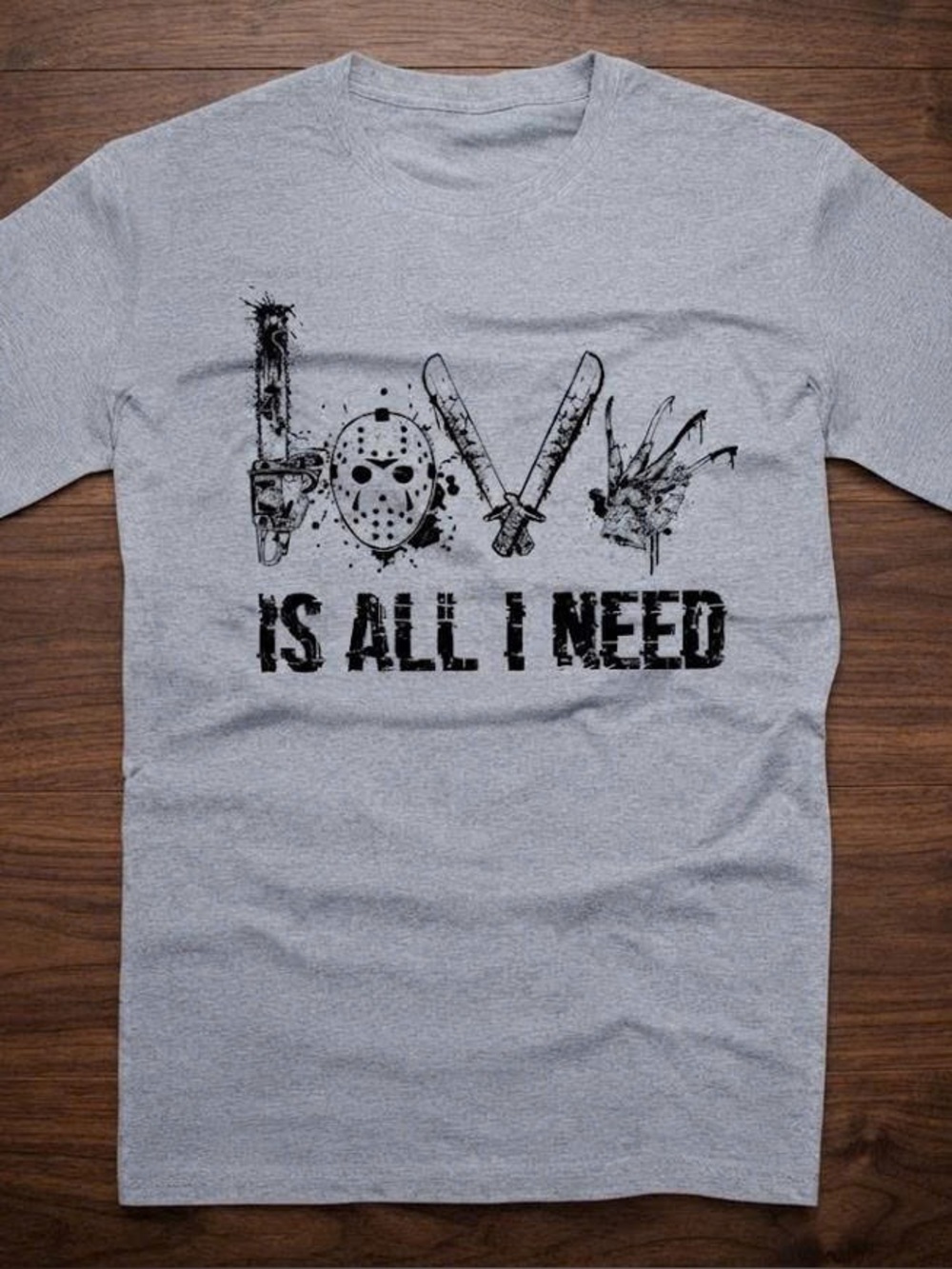 Gray Short Sleeve Tee with Black Horror 'Love Is All I Need' Graphic